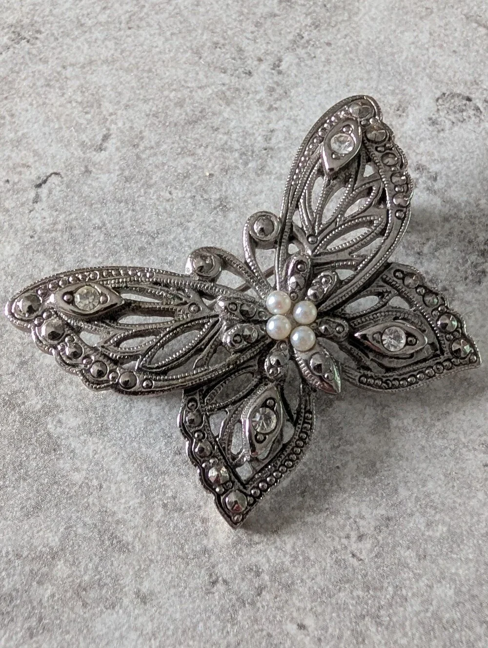 Vintage Avon Butterfly Brooch with Faux Pearl And Clear Rhinestone Accents